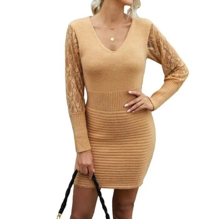 Camel Lace Sleeve Sweater Dress