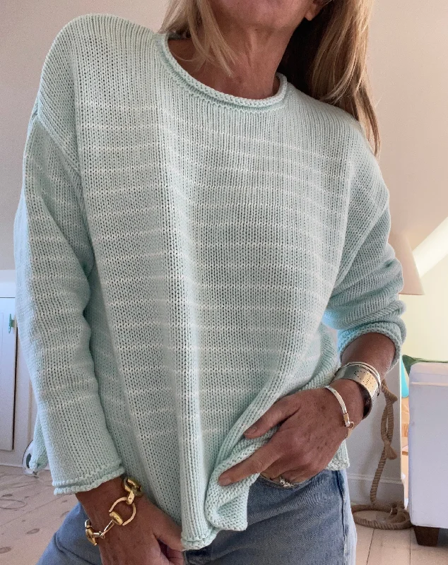 Chloe Stripe Roll Neck Sweater in Aqua