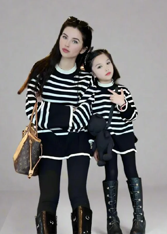 Cozy Matching Black & White Striped Sweater Set for Mom and Daughter