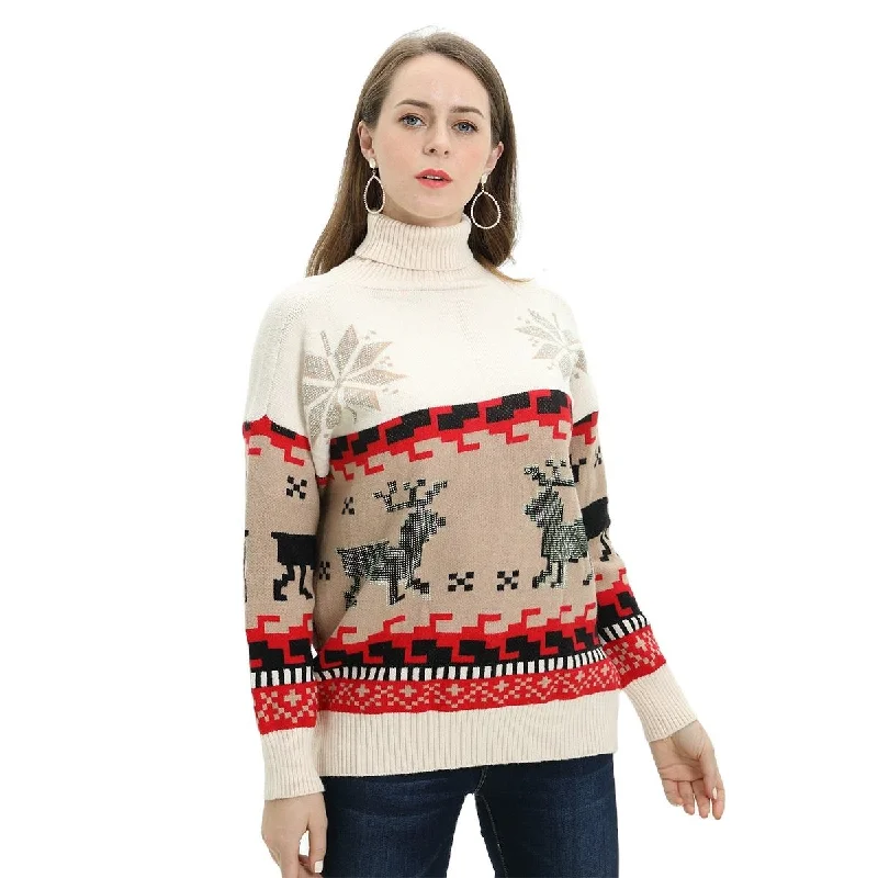 Reindeer Christmas Sweater women winter knitwear Turtleneck Supply Custom