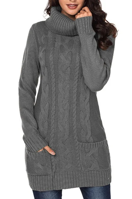 Gray Cowl Neck Pockets Cable Knit Sweater Dress