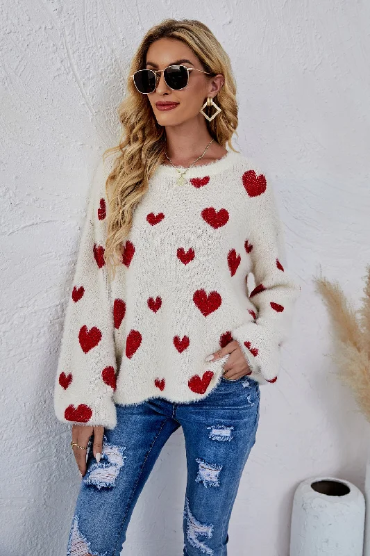 Heart Print Fuzzy Crewneck Long Sleeve Sweater