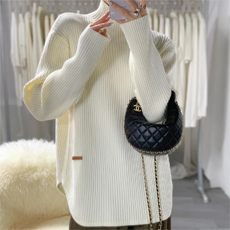 High Neck Split Knitted Women's Long-sleeved Sweater