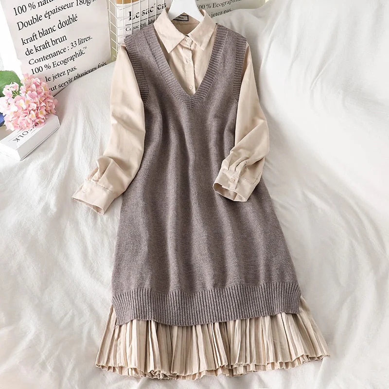 hoombox Two Piece Sweater Dress Vintage Korean Long Sleeve Shirt Dress and Knitted Long Vest Streetwear Plus Size Loose Dress Vestidos