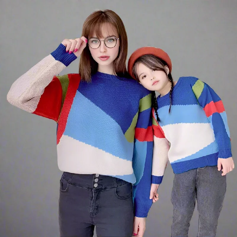 Matching Color-Block Knit Sweaters  Vibrant Family Pullover for Mom and Kids