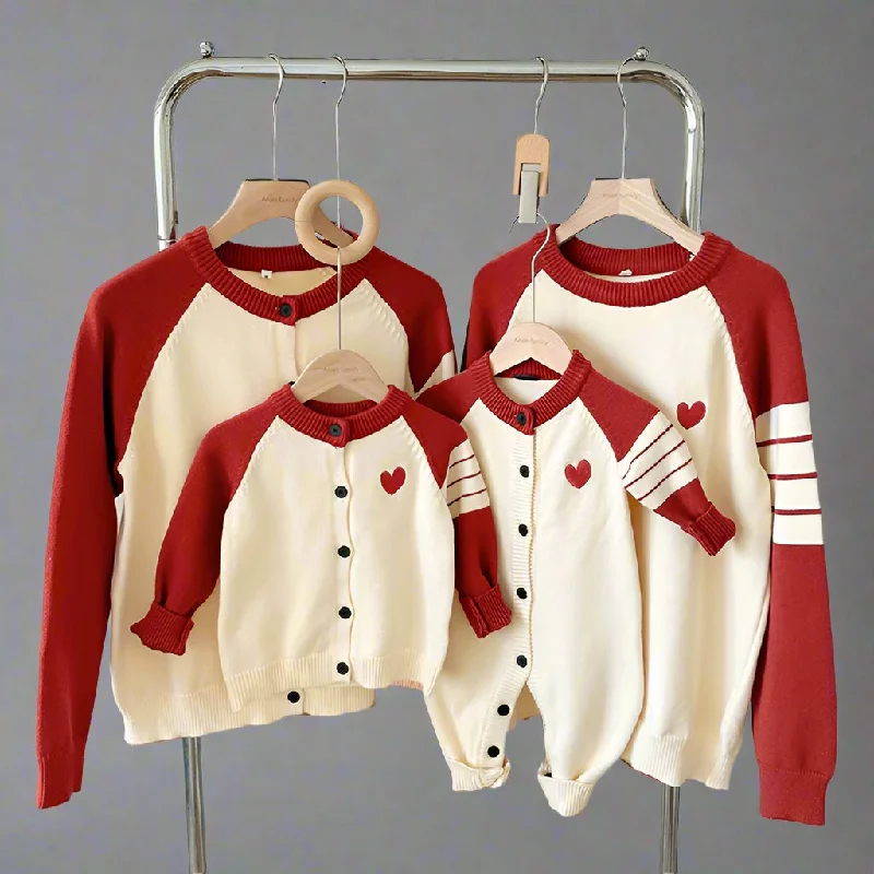 Matching Family Heart Embroidery Cardigans  Cream and Red Knit Sweaters for Parents and Kids