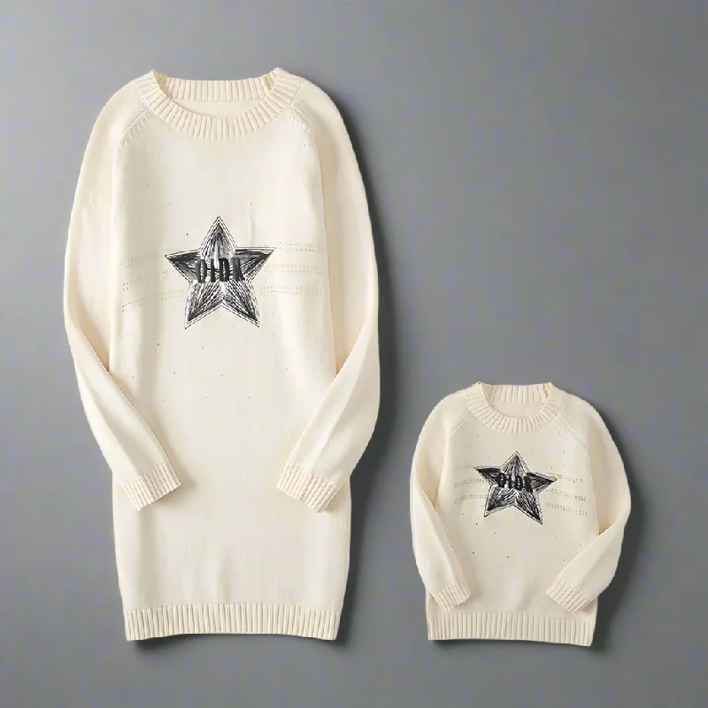 Matching Star Knit Sweater Dress  Cozy Cream Family Outfit for Mom and Daughter