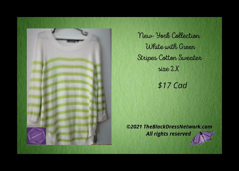 New-York Collection New Sweater White with Green Stripes Cotton Plus 2X