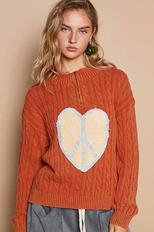 POL Cable-Knit Peace Patch Dropped Shoulder Sweater - Orange-Red