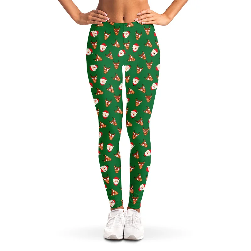 Santa Claus And Reindeer Emoji Print Women's Leggings