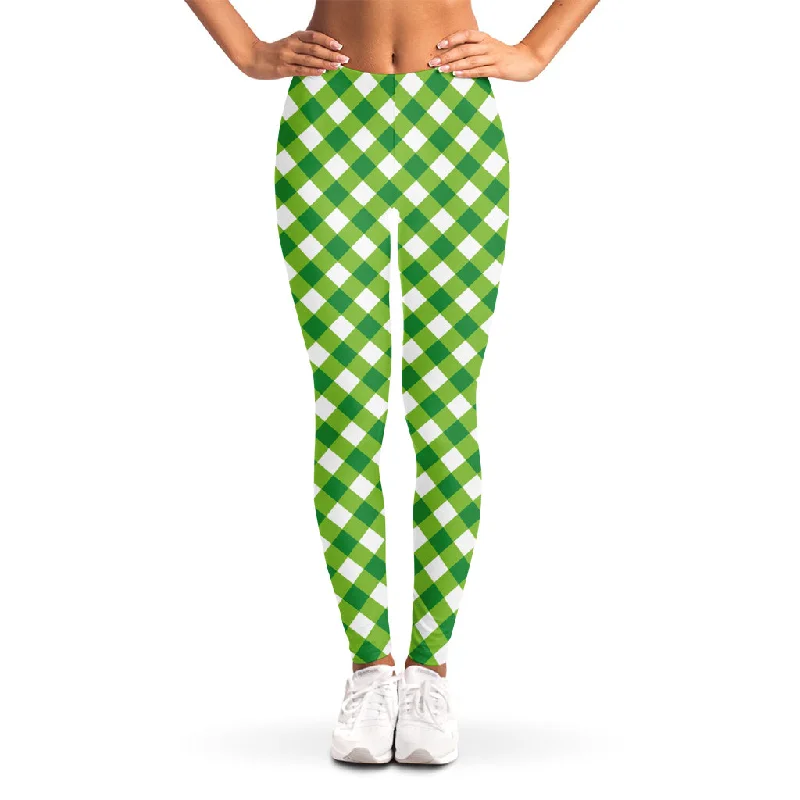 Shamrock Green And White Gingham Print Women's Leggings