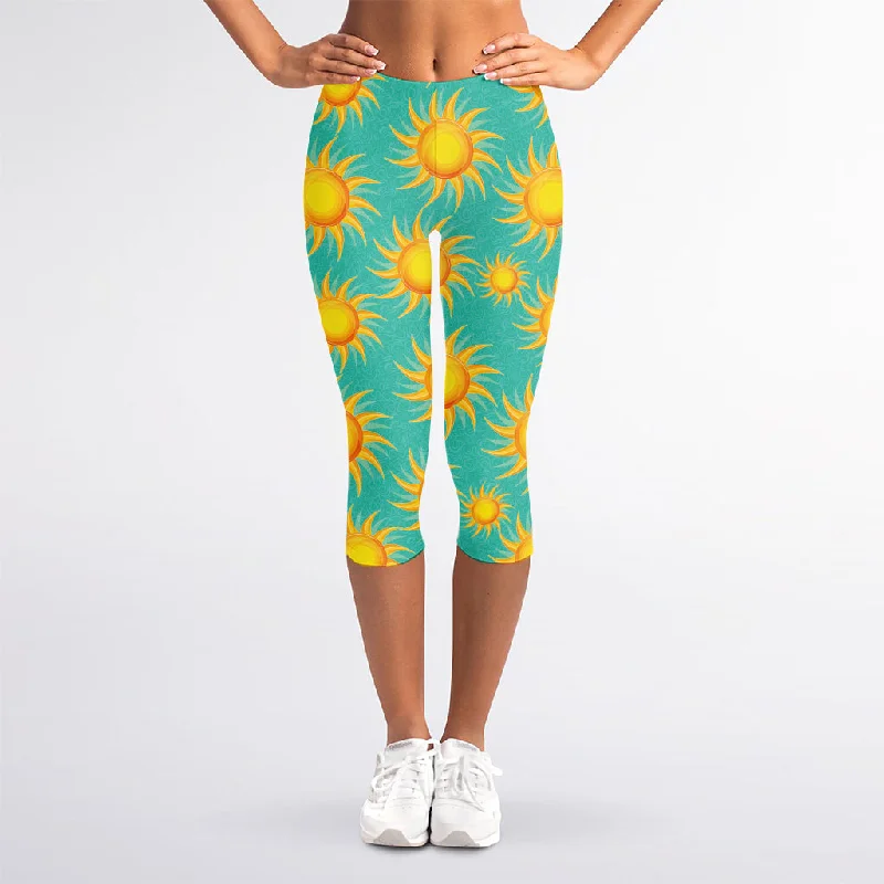 Shiny Sun Pattern Print Women's Capri Leggings