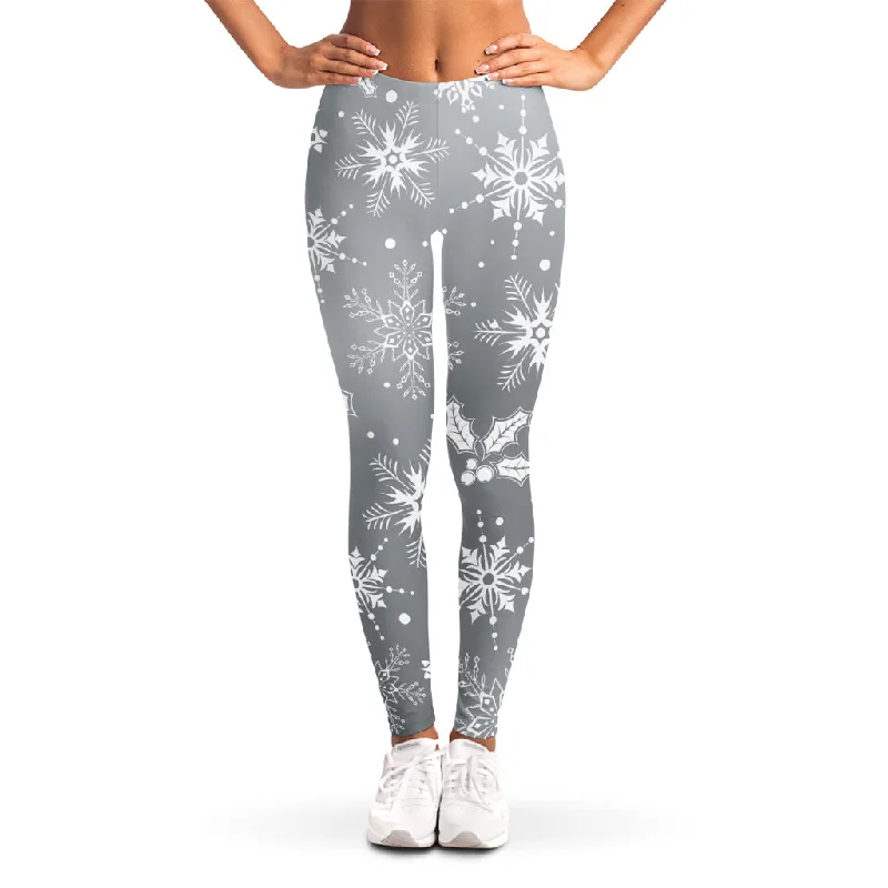 Silver And White Snowflake Pattern Print Women's Leggings