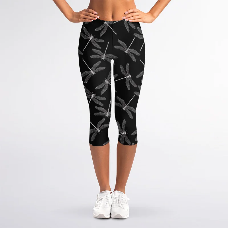 Silver Dragonfly Pattern Print Women's Capri Leggings