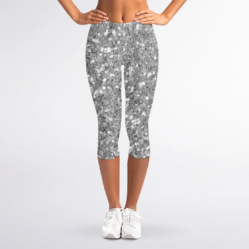 Silver (NOT Real) Glitter Print Women's Capri Leggings