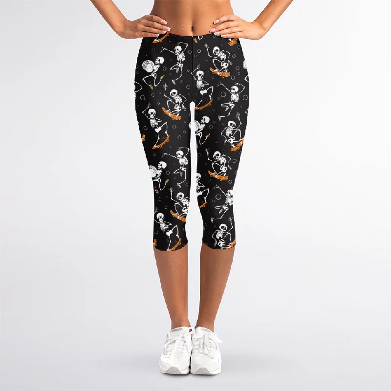 Skateboarding Skeleton Pattern Print Women's Capri Leggings