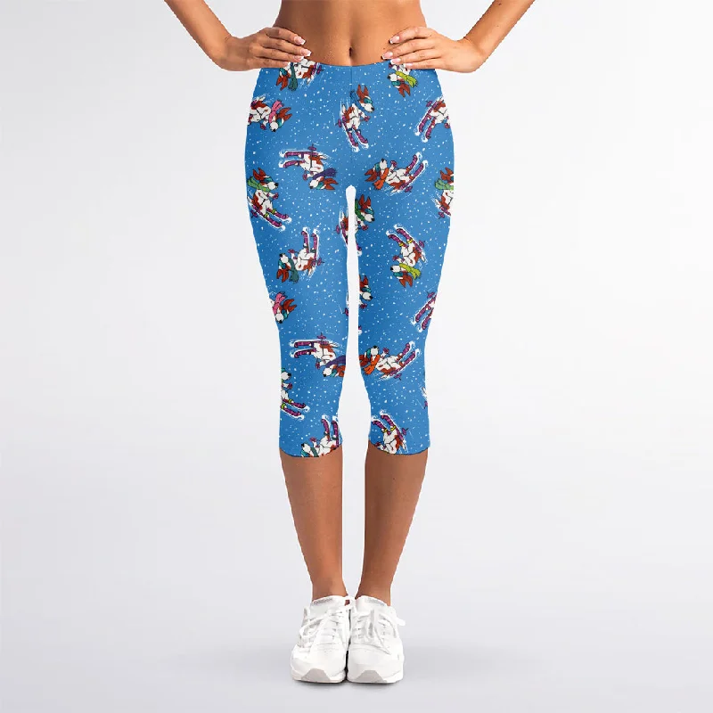 Skiing Dog Pattern Print Women's Capri Leggings