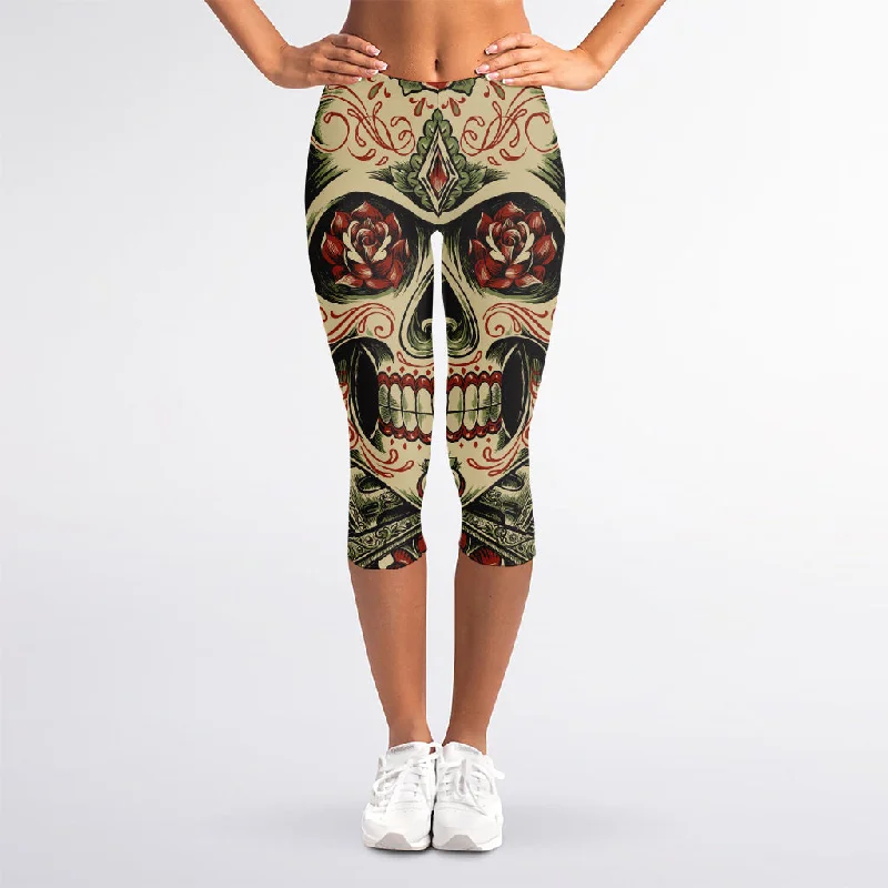 Skull And Roses Tattoo Print Women's Capri Leggings