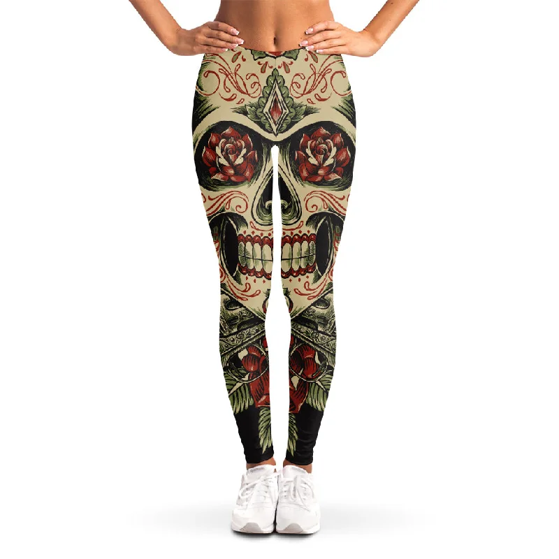 Skull And Roses Tattoo Print Women's Leggings