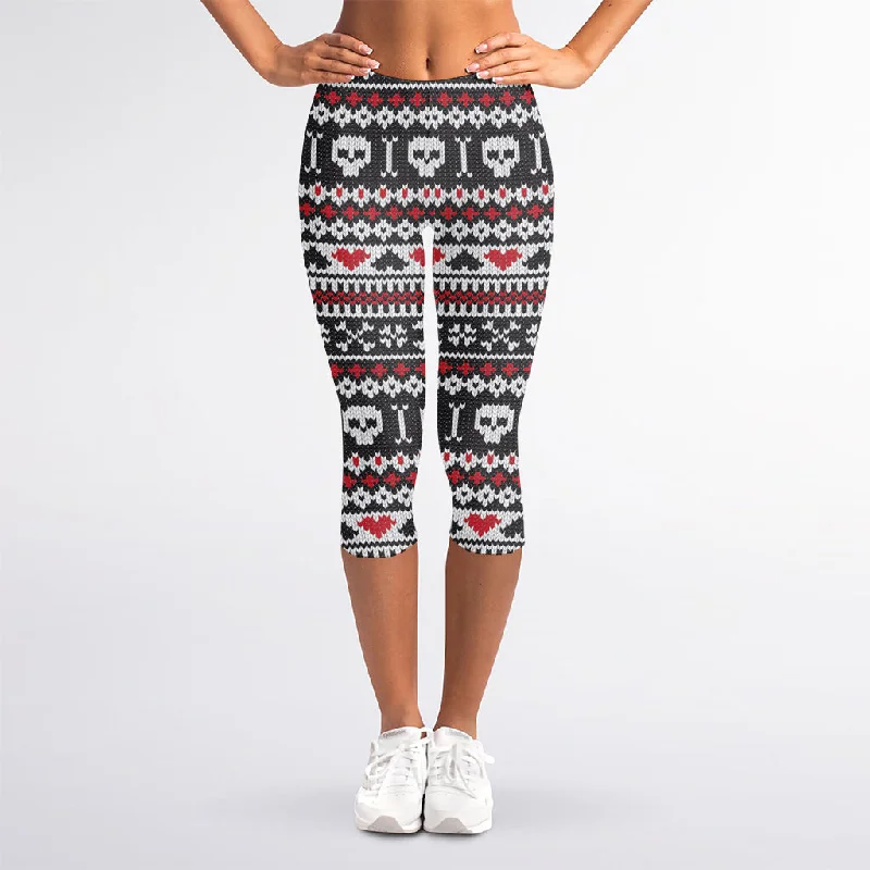 Skull Knitted Pattern Print Women's Capri Leggings