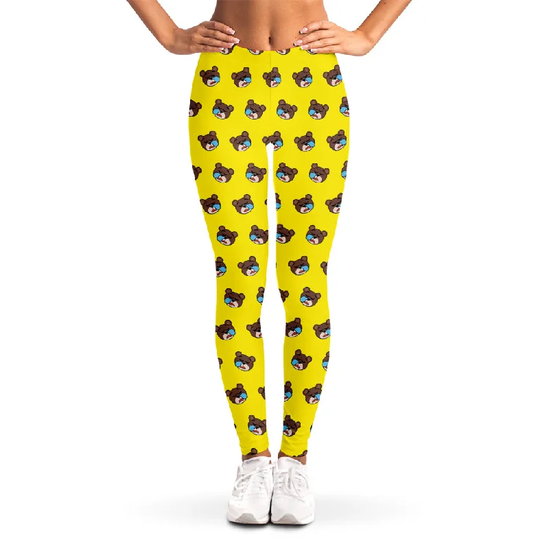 Sleeping Bear Emoji Pattern Print Women's Leggings