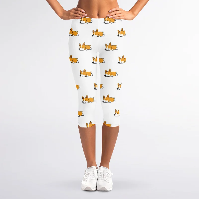 Sleeping Corgi Pattern Print Women's Capri Leggings