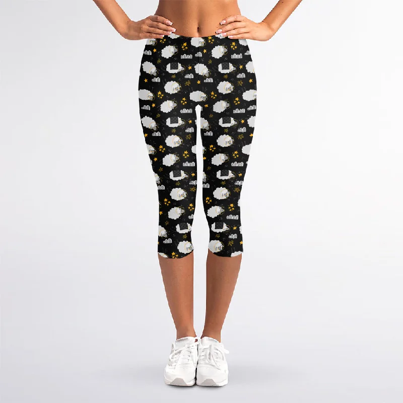 Sleeping Sheep Pattern Print Women's Capri Leggings