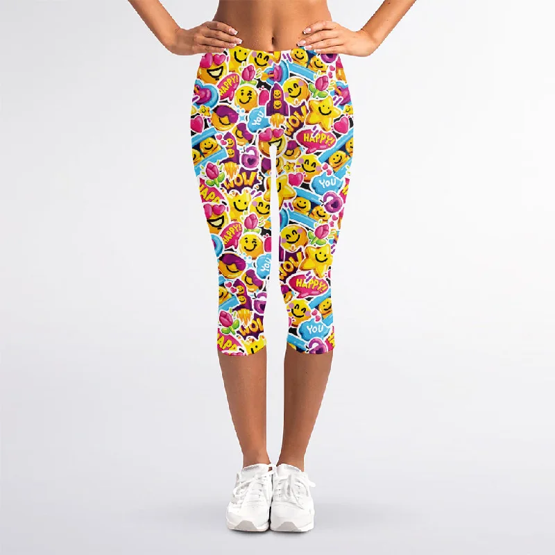 Smiley Faces Emoji Pattern Print Women's Capri Leggings