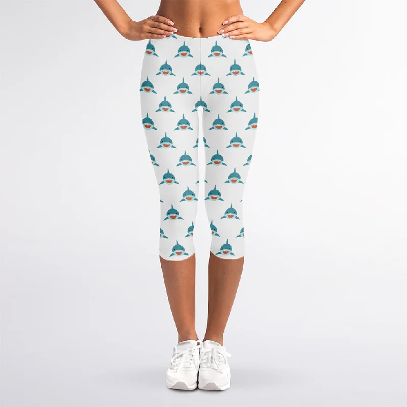 Smiley Shark Pattern Print Women's Capri Leggings