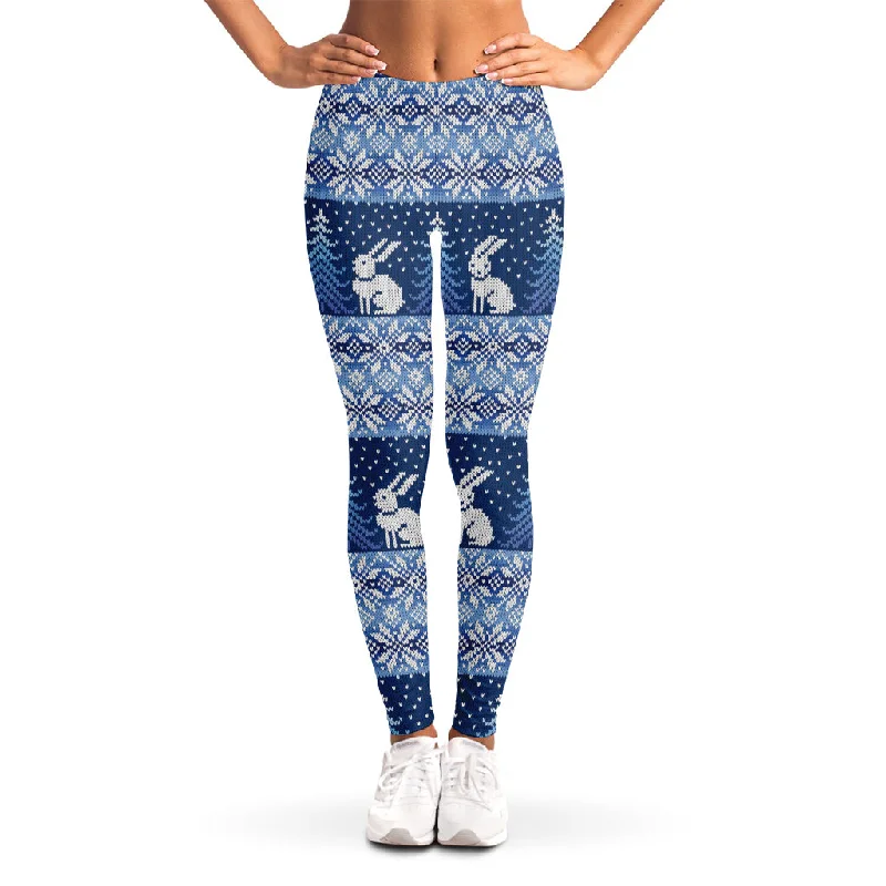 Snow Rabbit Knitted Pattern Print Women's Leggings