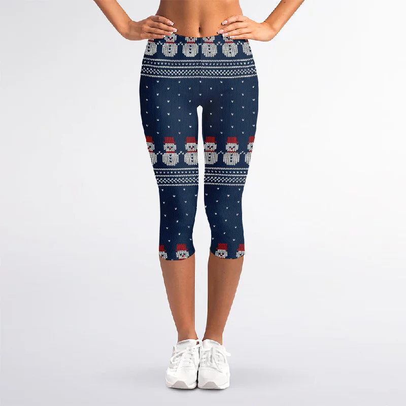 Snowman Knitted Pattern Print Women's Capri Leggings