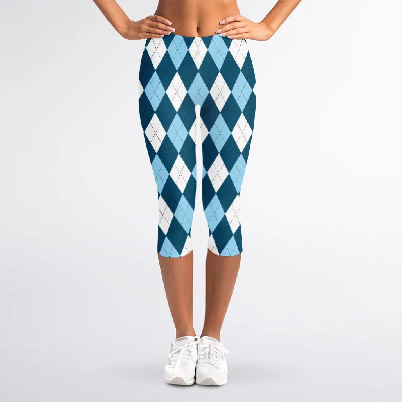 Soft Blue Argyle Pattern Print Women's Capri Leggings