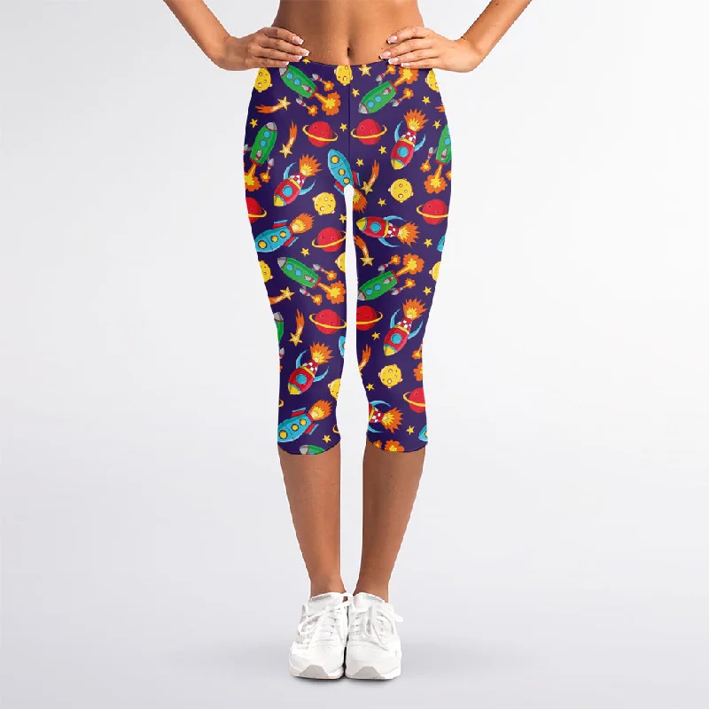 Space Rockets Pattern Print Women's Capri Leggings