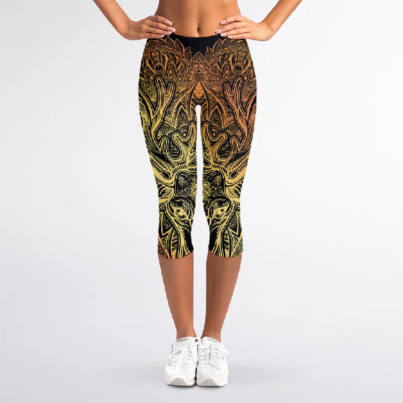 Spiritual Deer Mandala Print Women's Capri Leggings