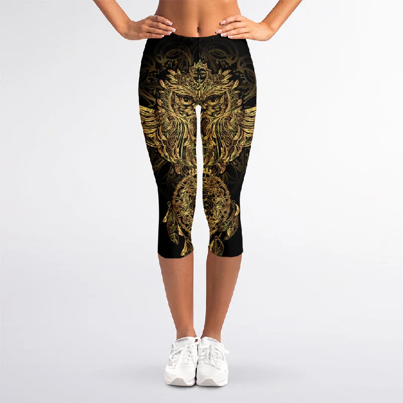 Spiritual Owl With Dreamcatcher Print Women's Capri Leggings