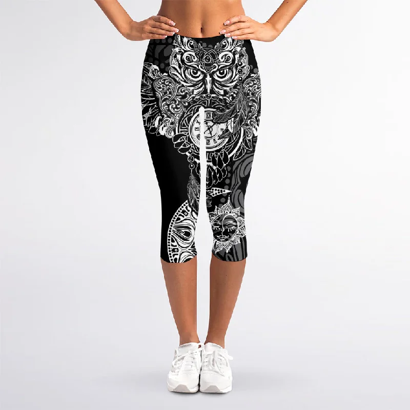 Spiritual Owl With Sun And Moon Print Women's Capri Leggings