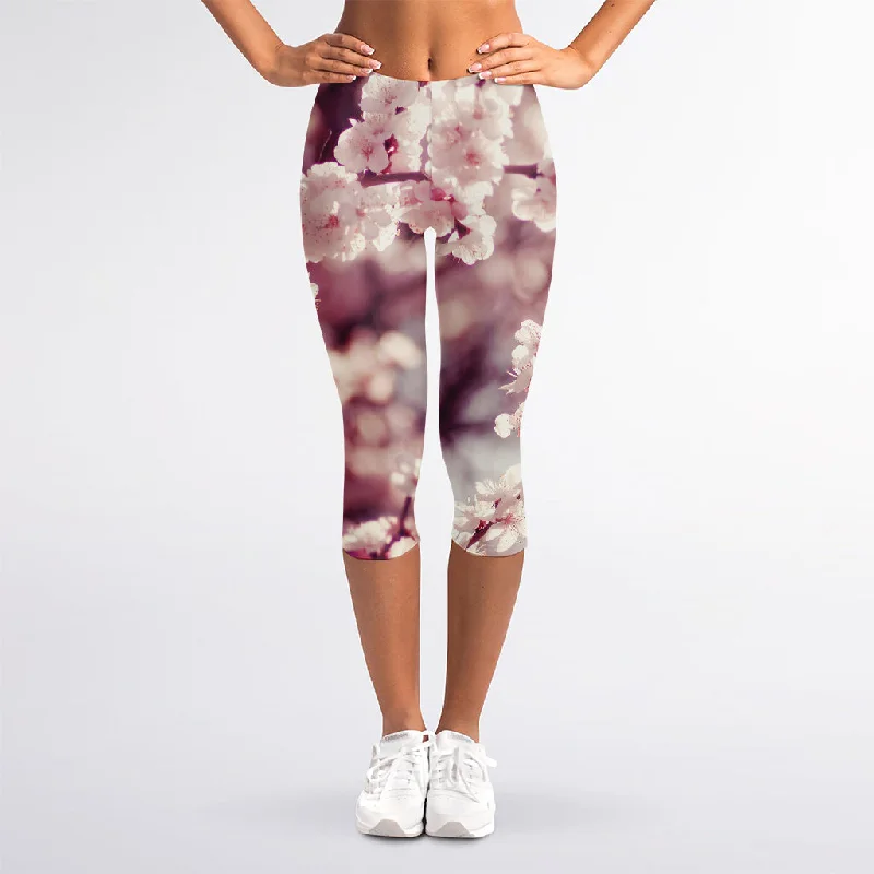 Spring Cherry Blossom Print Women's Capri Leggings