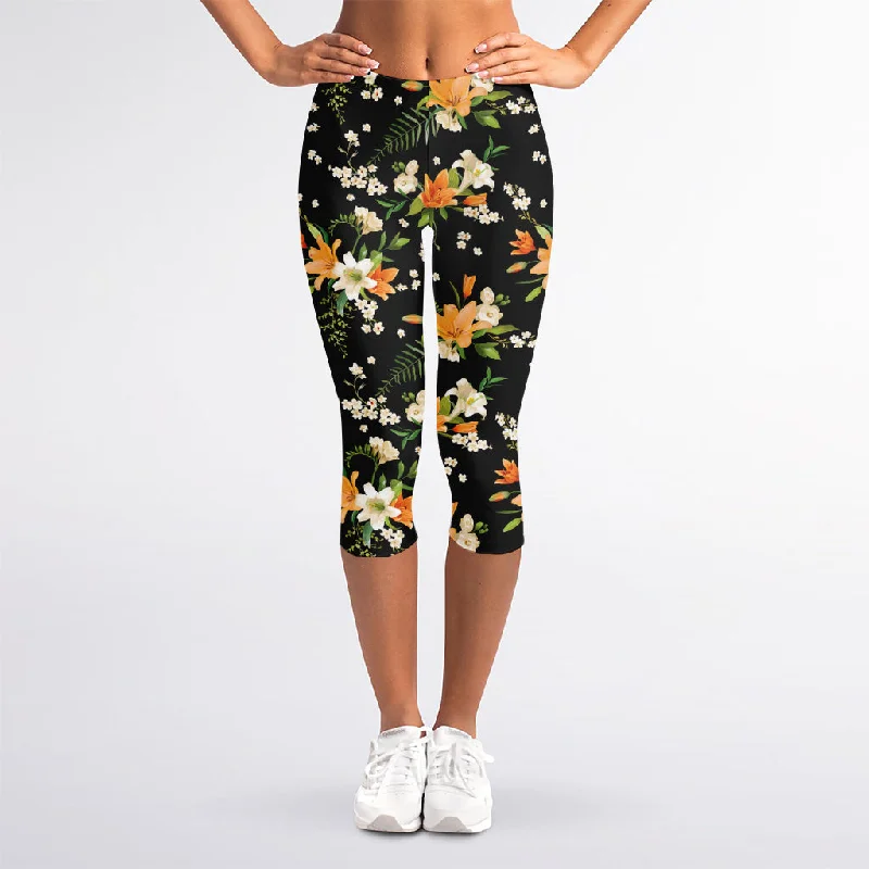 Spring Lily Flowers Pattern Print Women's Capri Leggings