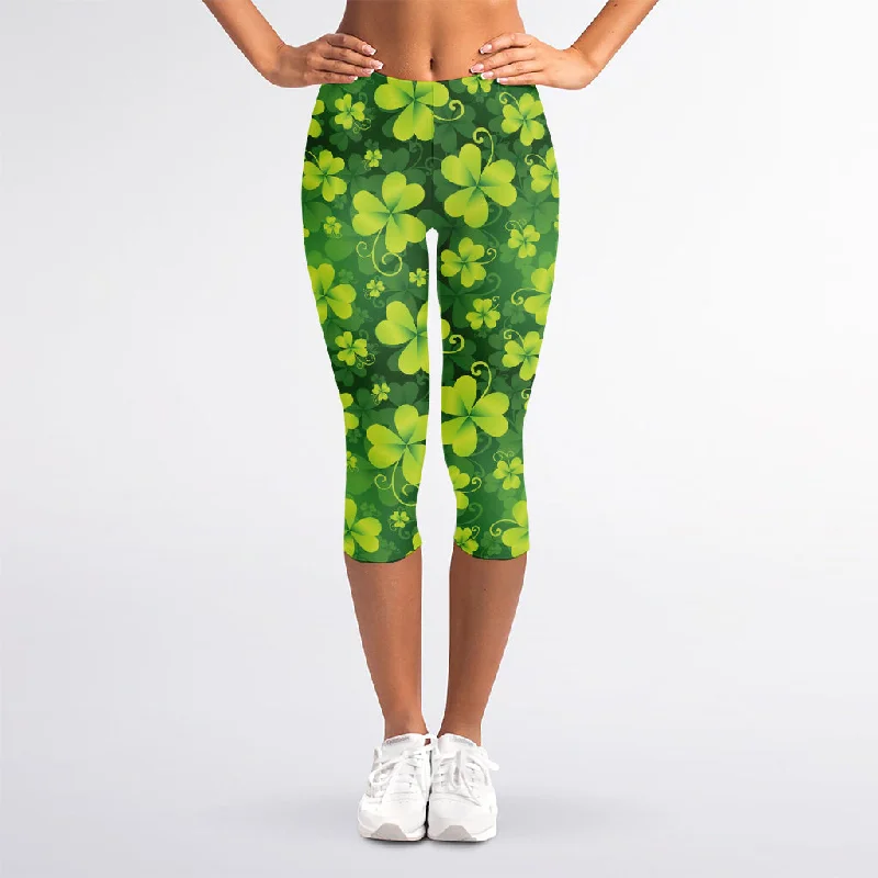 St. Patrick's Day Shamrock Pattern Print Women's Capri Leggings