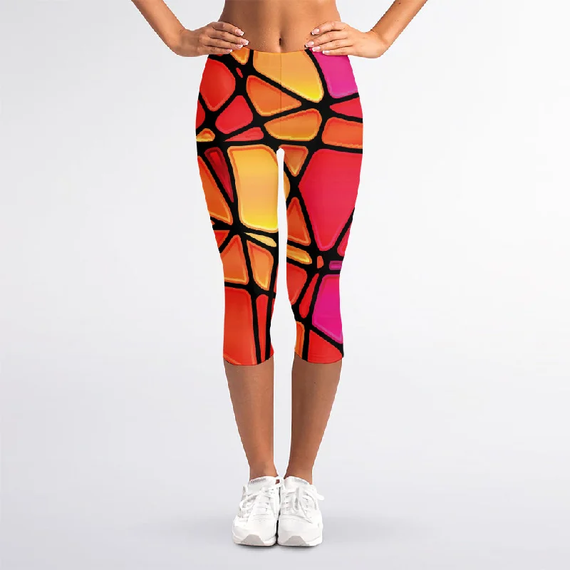 Stained Glass Mosaic Pattern Print Women's Capri Leggings