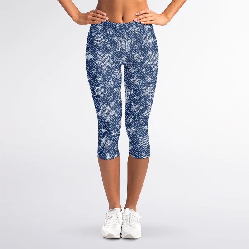 Star Denim Jeans Pattern Print Women's Capri Leggings