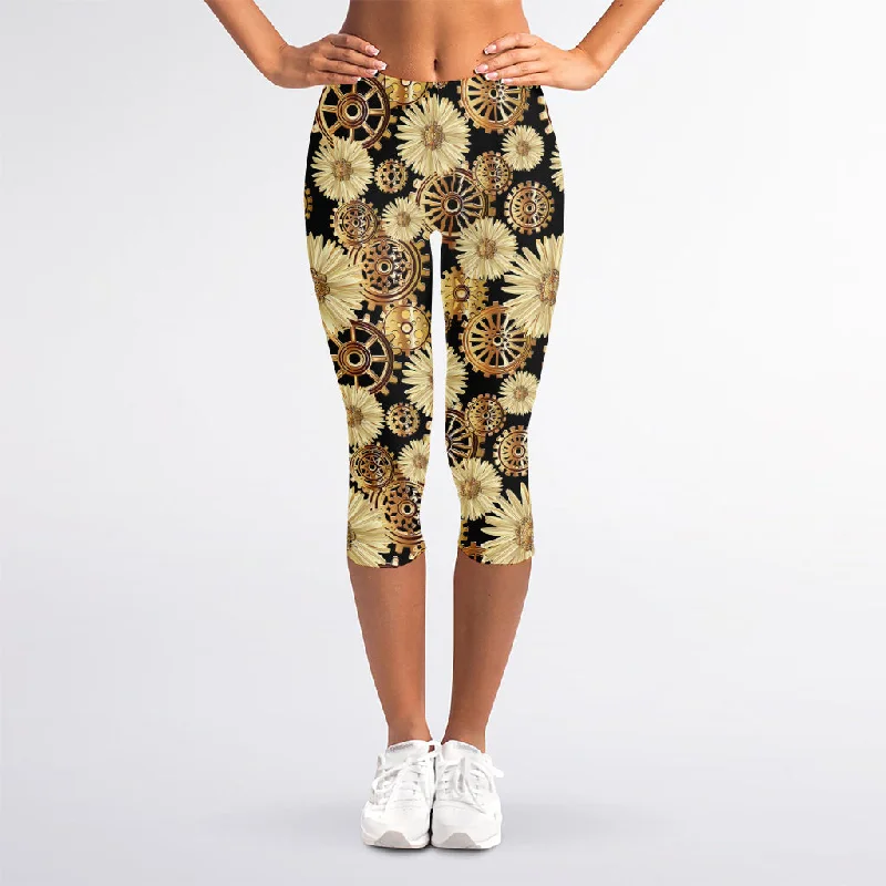 Steampunk Chamomile Pattern Print Women's Capri Leggings