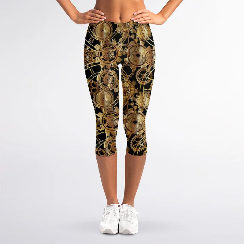 Steampunk Clock Gears Print Women's Capri Leggings