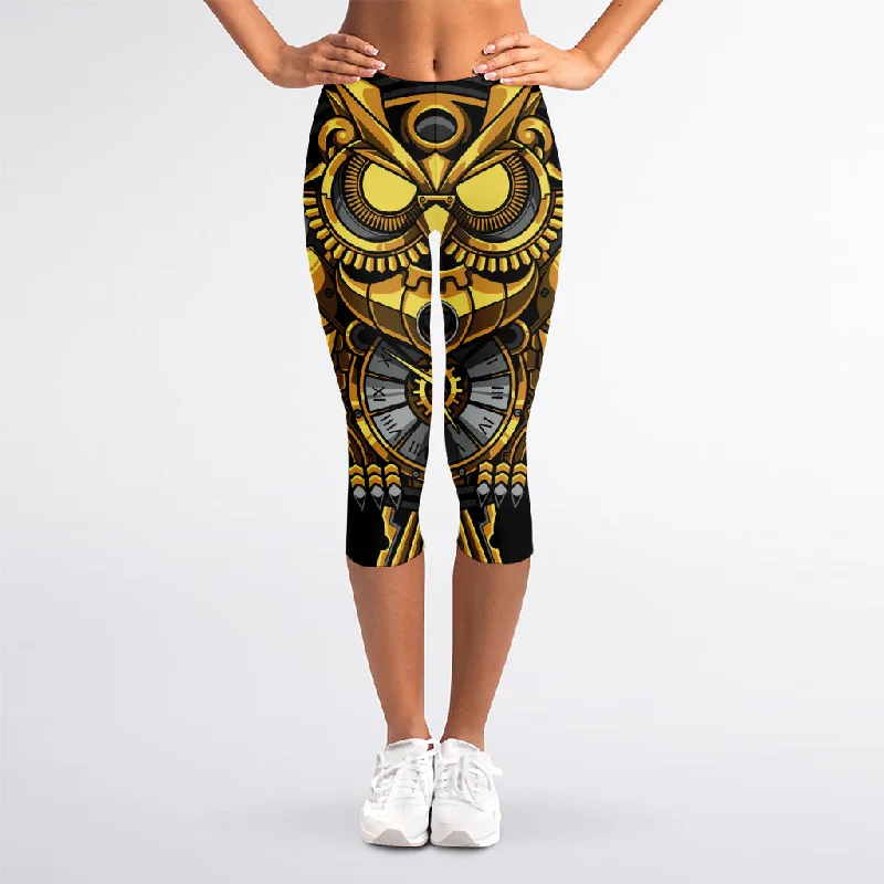 Steampunk Owl Print Women's Capri Leggings