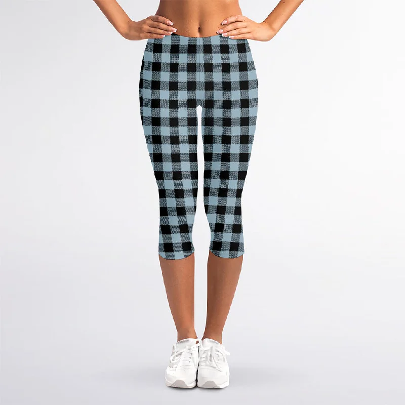 Steel Blue And Black Buffalo Check Print Women's Capri Leggings