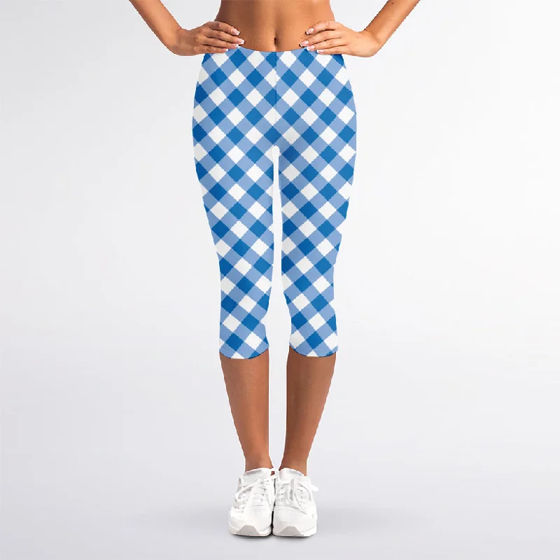 Steel Blue And White Gingham Print Women's Capri Leggings