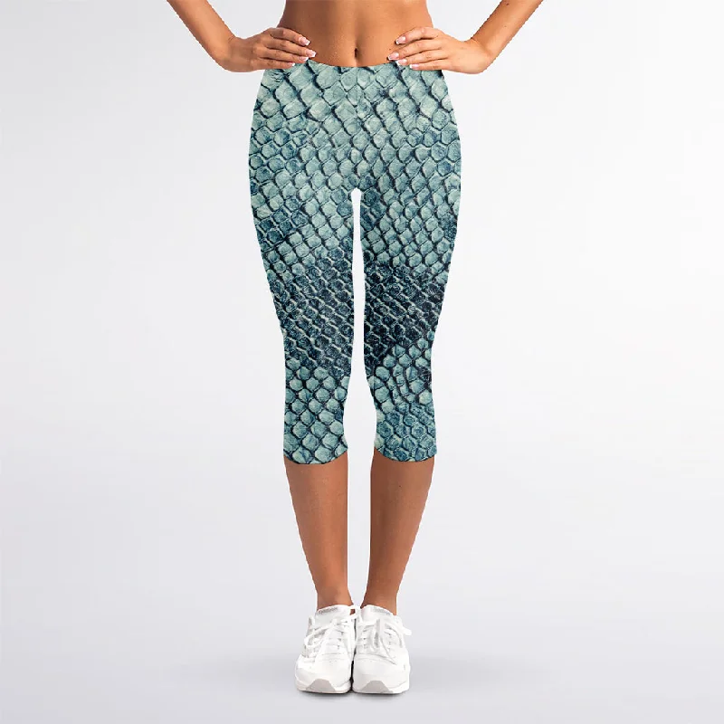 Steel Blue Snakeskin Print Women's Capri Leggings