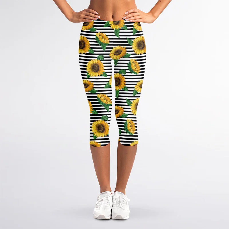 Stripe Sunflower Pattern Print Women's Capri Leggings