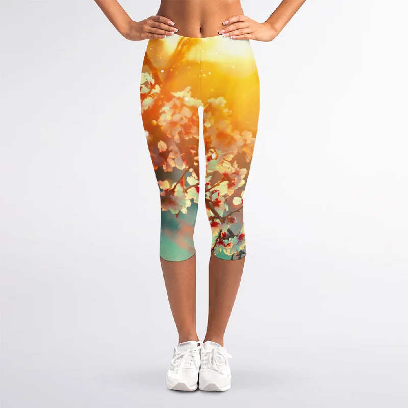 Sunrise Japanese Cherry Blossom Print Women's Capri Leggings