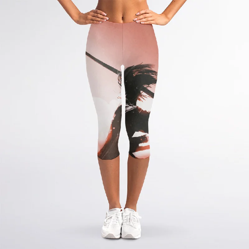 Sunset Japanese Samurai Print Women's Capri Leggings